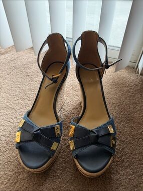 MICHAEL Michael Kors Navy Wedge Sandals with Gold Accents
